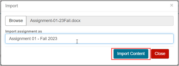 In the Import popup dialog, the Import Content button is highlighted.